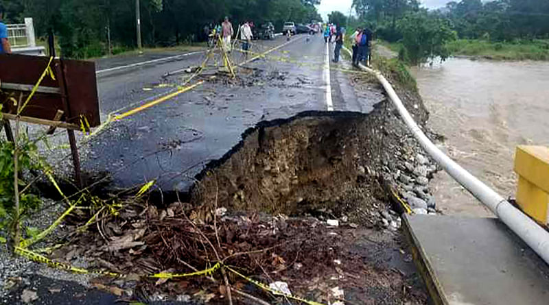 Handout photo released by the Honduran Presidenty of the damaged road after the passage of Hurricane Iota in El Florido, Honduras, on the border with Guatemala, on 18 November.