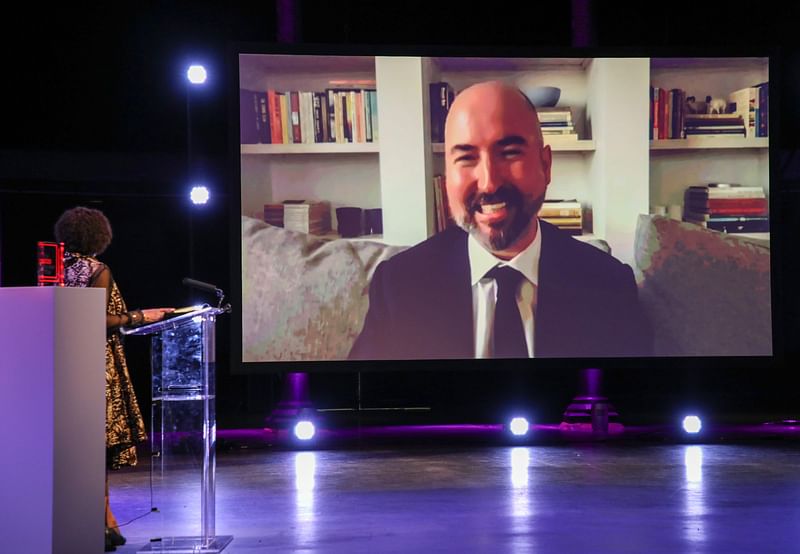 In this handout image released by the Booker Prize on 19 November 2020 Winning Author Douglas Stuart speaks on screen at The 2020 Booker Prize Awards Ceremony, broadcast in partnership with the BBC, at the Roundhouse in London.