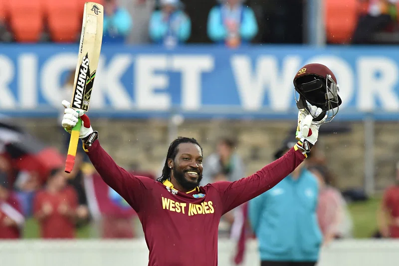 West Indies Chris Gayle celebrates his double century during their World Cup match against Zimbabwe in Canberra on 24 February 2015