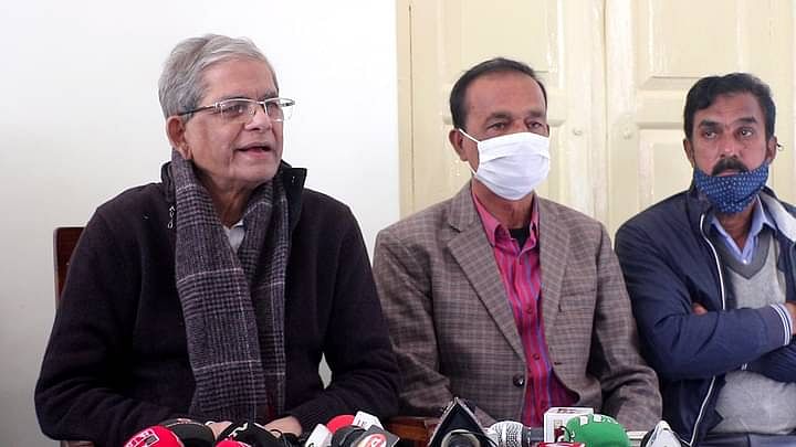 Mirza Fakhrul  speaking to newsmen at his Kalibari residence in Thakurgaon town on Saturday afternoon.