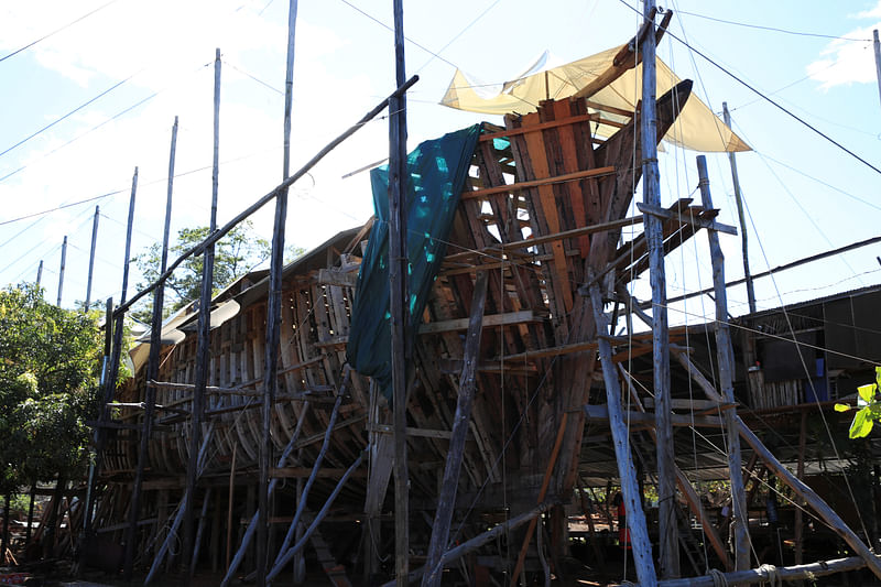 A view of the hull under construction of Ceiba, an ecological sailboat that will work with solar panels, electric and hydraulic energy to reduce to almost zero its carbon footprint, at a shipyard in Punta Morales, Costa Rica 18 December, 2020.