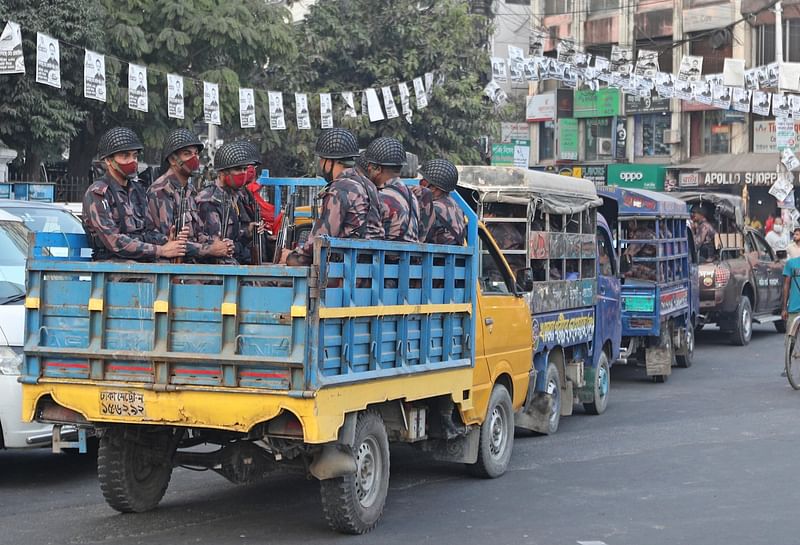 Members of Border Guard Bangladesh patrol on the streets on the eve of Chattogram City Corporation election on 25 January 2021.