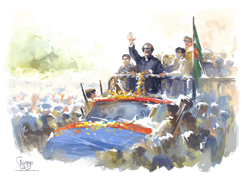 Sketched by Arafat Karim from a photograph of Bangabandhu's homecoming