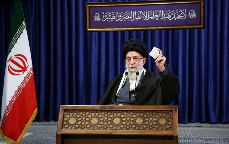 Iran's Supreme Leader Ayatollah Ali Khamenei delivers a televised speech, in Tehran, Iran on 8 January 2021