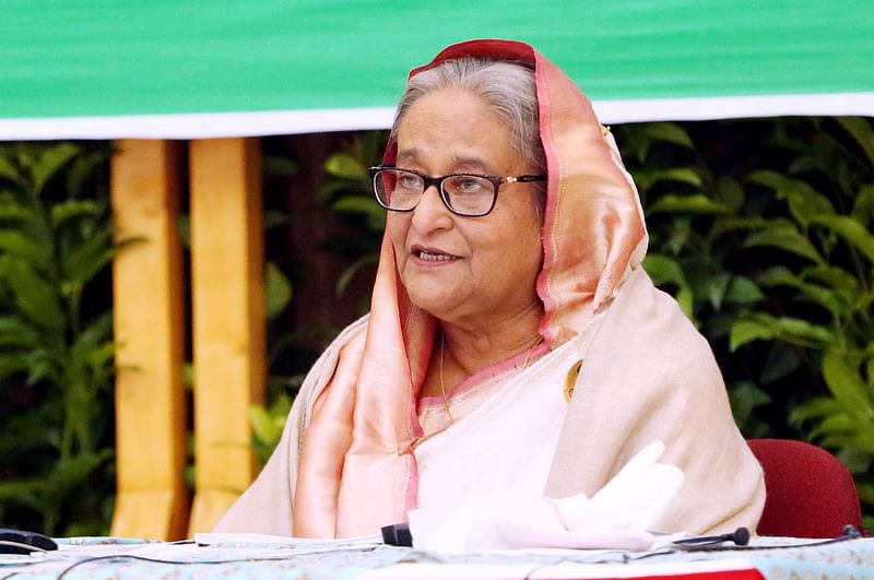 Prime minister Hasina addresses the distribution ceremony of the National Film Awards-2019 at Bangabandhu International Conference Centre, Dhaka joining the function virtually from her official Gonobhaban residence on 17 January 2021