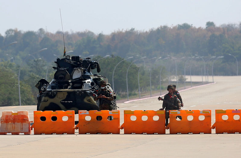 Myanmar's military checkpoint is seen on the way to the congress compound in Naypyitaw, Myanmar, on 1 February 2021