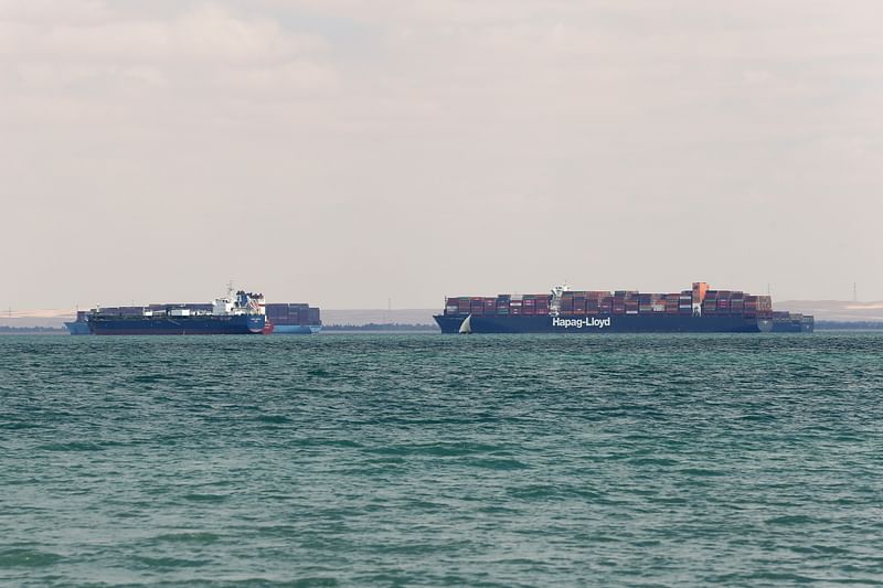 Ships are anchored outside the Suez canal, where a container ship ran aground and blocked traffic, near Ismailia, Egypt, on 28 March 2021