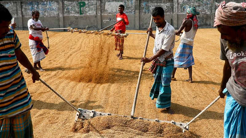 People work in a rice processing mill in Munshiganj, Bangladesh on 4 January 2021