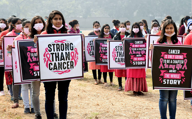 Women participate in a Pink Parade for the cancer awareness programme in Patna, India on 31 January 2021