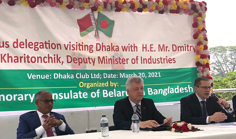 Belarus’ deputy industries minister Dmitry Kharitonchik speaks at a function at Dhaka Club on Saturday