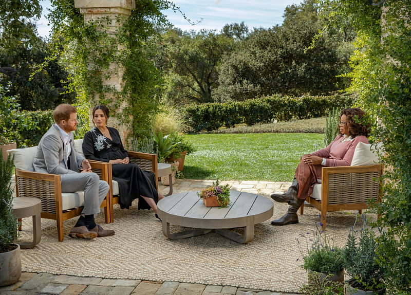 Britain's prince Harry and Meghan, Duchess of Sussex, are interviewed by Oprah Winfrey in this undated handout phot