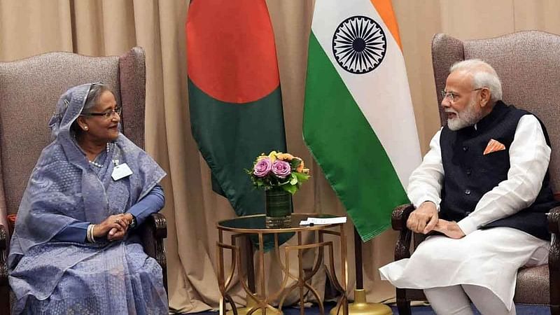 Prime minister Sheikh Hasina and Indian prime minister Narendra Modi hold a meeting at the Bilateral Meeting Room of the Lotte New York Palace Hotel on 27 September