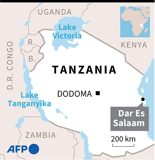 Map locating Dar es Salaam in Tanzania, where dozens died during a stampede at a tribute for late president John Magufuli