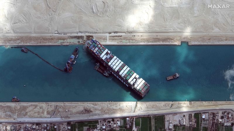 This satellite imagery released by Maxar Technologies shows the MV Ever Given container ship in the Suez Canal on the morning of 28 March 2021