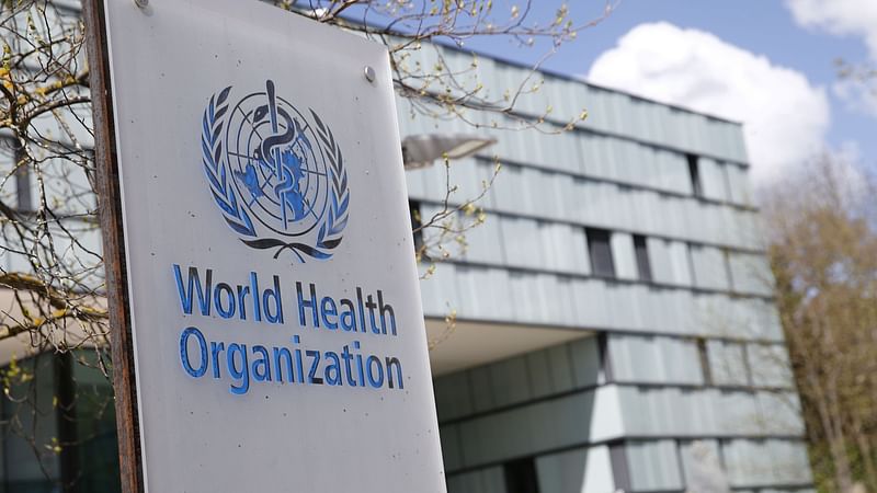 A logo is pictured outside a building of the World Health Organization (WHO) during an executive board meeting on update on the coronavirus disease (COVID-19) outbreak, in Geneva, Switzerland, on 6 April 2021