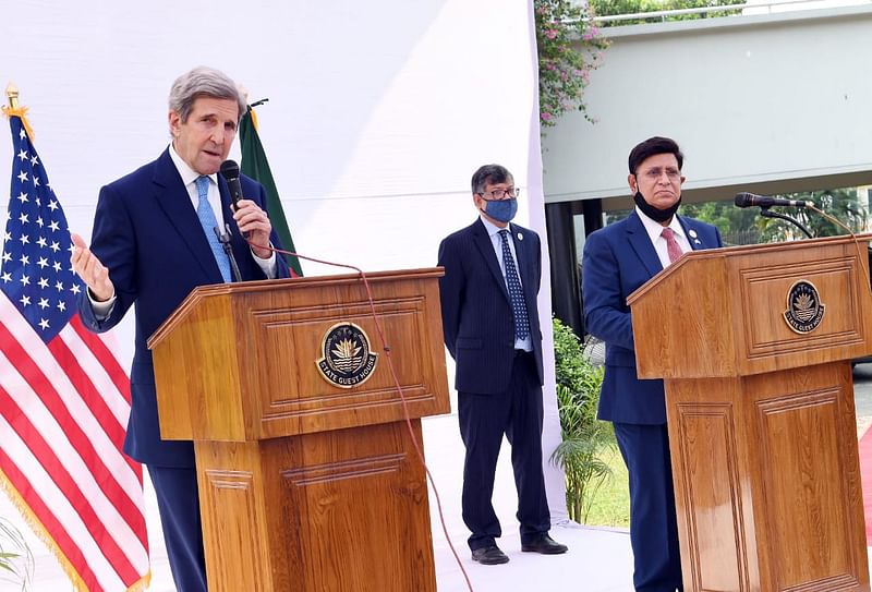 John Kerry, the US Special Presidential Envoy for Climate speaks at a joint briefing in the state guest house Padma after meeting with the foreign minister AK Abdul Momen on Friday