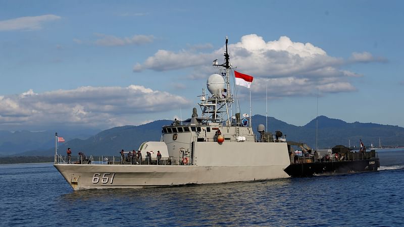 Indonesian Navy's KRI Singa-651 leaves the Tanjung Wangi port as the search continues for the missing KRI Nanggala-402 submarine in Banyuwangi, East Java Province Indonesia, 24 April 2021.