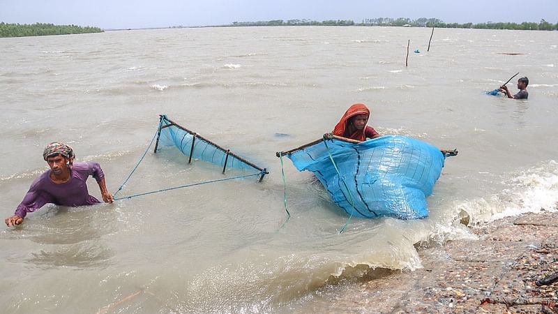 People catch shrimp fries from rough Shakbaria river in Uttar Bedkashi, Koyra, Khulna on 27 May 2021. They would sell at .80 taka per piece