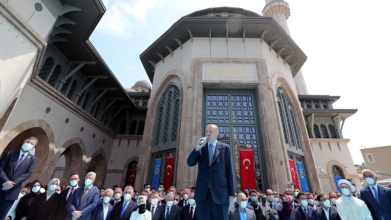 Turkish president Tayyip Erdogan speaks during the inauguration of Taksim Mosque in central Istanbul, Turkey 28 May 2021