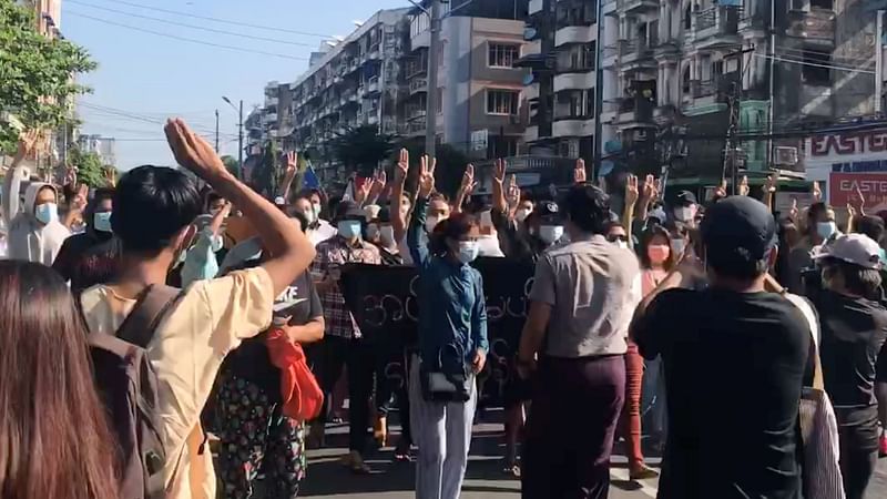 People protest in Hlaing Township, Yangon, Myanmar on 2 May 2021, in this still image from a video obtained by Reuters