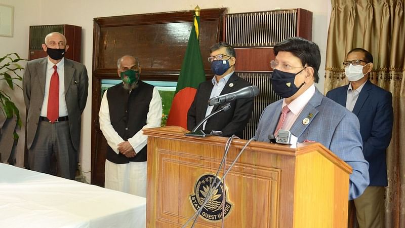 Foreign minister AK Abdul Momen addresses a programme, organised to hand over medicines to Palestine, at state guest house Padma on 26 May 2021