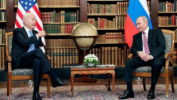 Russian president Vladimir Putin and US president Joe Biden attend a meeting at Villa La Grange in Geneva, Switzerland on 16 June 2021