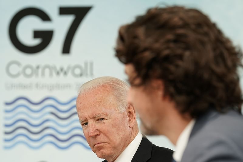 US president Joe Biden and Canada's prime minister Justin Trudeau attend a session during the G7 summit in Carbis Bay, Cornwall, Britain, 11 June 2021