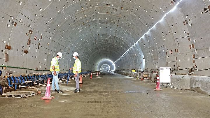 The construction work of Bangabandhu tunnel under the Karnaphuli river is proceeding in full swing. The photo was taken from the Patenga end of the tunnel on 20 June 2021