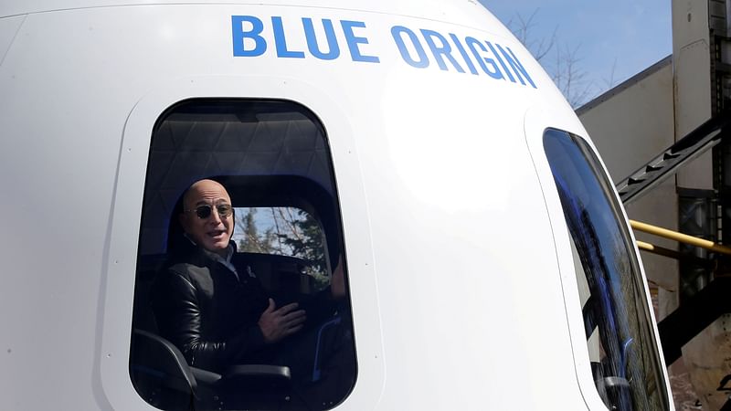 Amazon and Blue Origin founder Jeff Bezos addresses the media about the New Shepard rocket booster and Crew Capsule mockup at the 33rd Space Symposium in Colorado Springs, Colorado, United States 5 April, 2017