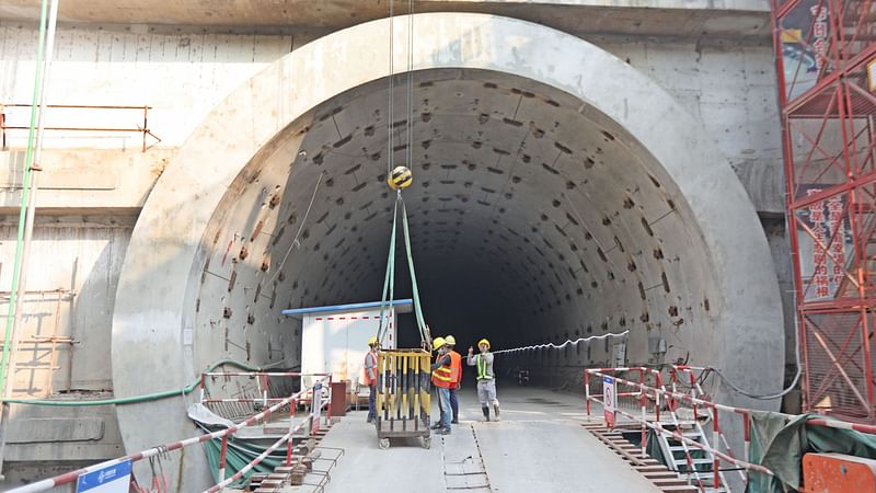 The construction works of a tunnel under the Karnaphuli River is underway. The picture was taken from Patenga, Chattogram on Friday