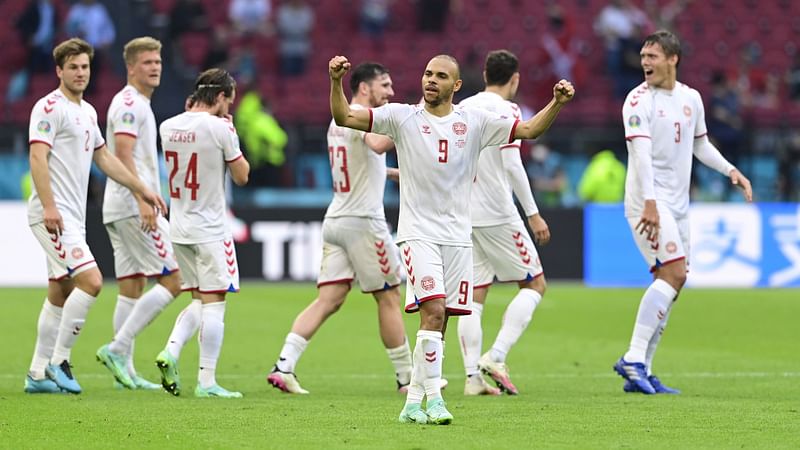 Denmark’s Martin Braithwaite celebrates scoring their fourth goal in the Round of 16 match of Wales vs Denmark at Johan Cruijff Arena, Amsterdam, Netherlands on 26 June 2021