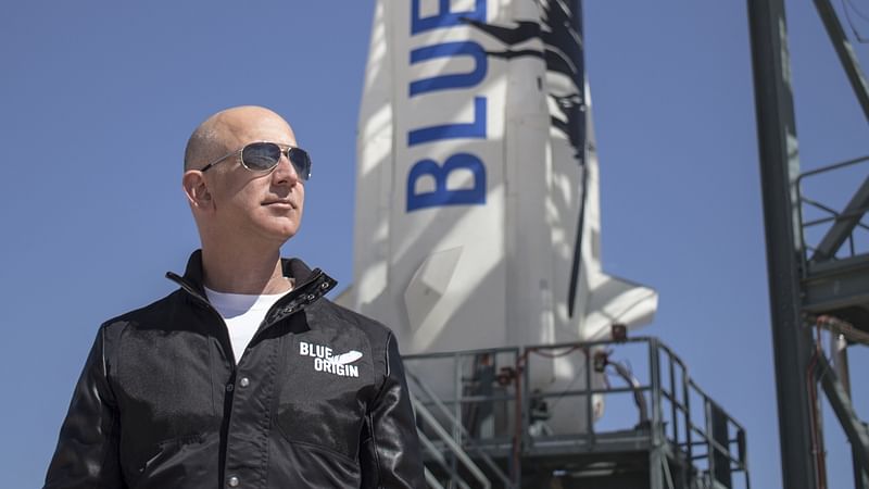 Jeff Bezos, founder of Blue Origin, inspects New Shepard West Texas launch facility before the rocket's maiden voyage