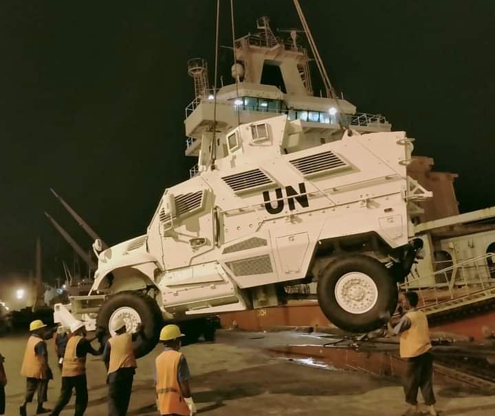 31 MaxxPro Mine Resistant Ambush Protected (MRAP) vehicles and three Metal Shark Boats being unloaded at the Chattogram port