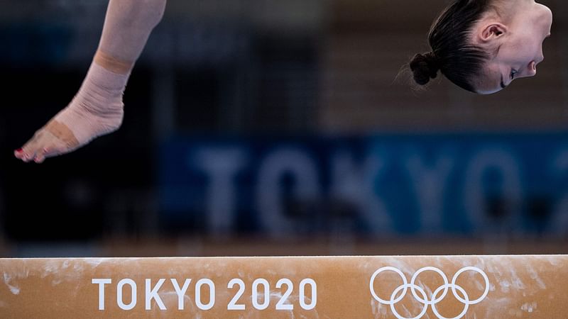 A British gymnast takes part in a training session at the Ariake Gymnastics Centre in Tokyo on 22 July, 2021, ahead of the Tokyo 2020 Olympic Games