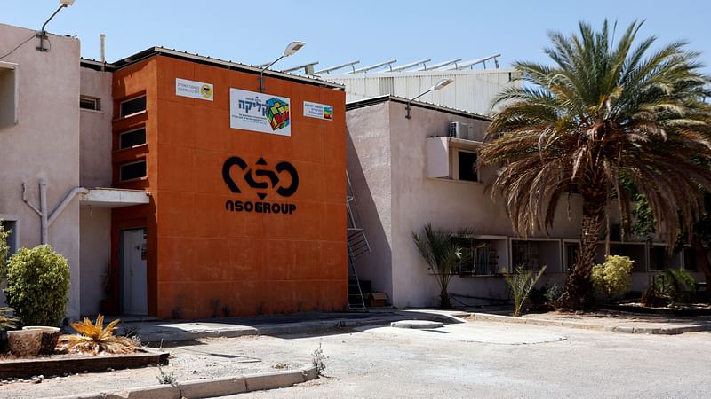 The logo of Israeli cyber firm NSO Group is seen at one of its branches in the Arava Desert, southern Israel on 22 July 2021