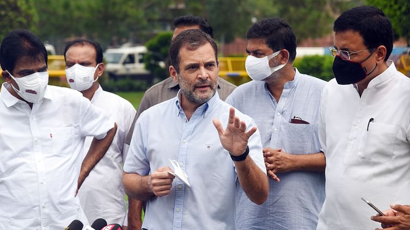 Congress leader Rahul Gandhi addresses the media along with senior party leaders regarding the Pegasus Snoopgate issue and ongoing agitation of farmers, at Vijay Chowk lawn, in New Delhi on 23 July 2021