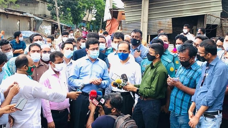 DSCC mayor Sheikh Fazle Noor Taposh talks to media while visiting Dhaka match factory colony area to observe the water logging situation during a regular weekly visit on 28 July 2021.