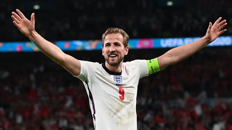 England's forward Harry Kane celebrates after winning during the UEFA EURO 2020 semi-final football match between England and Denmark at Wembley Stadium in London on 7 July 2021