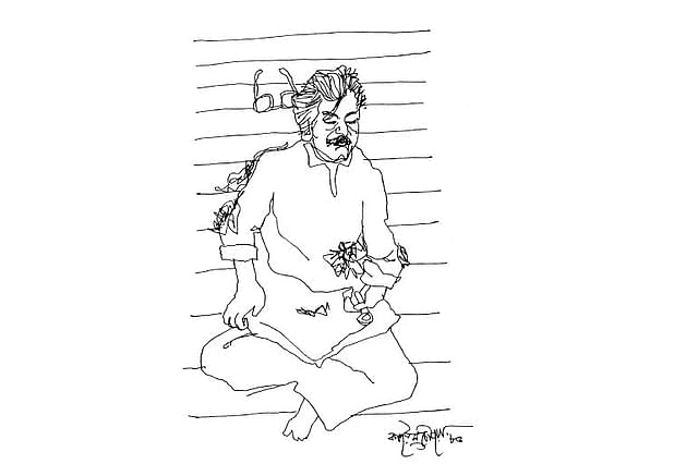 Sketch by artist Qayyum Chowdhury of Bangabandhu after being brutally killed