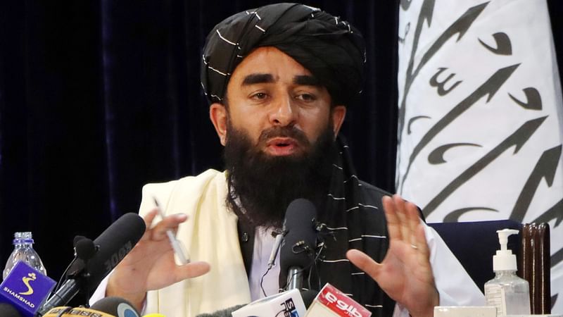 Taliban spokesman Zabihullah Mujahid speaks during a news conference in Kabul, Afghanistan on 17 August 2021