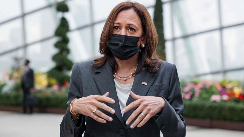 US Vice President Kamala Harris takes questions from reporters as she visits the Flower Dome at Gardens by the Bay, following her foreign policy speech, in Singapore 24 August, 2021