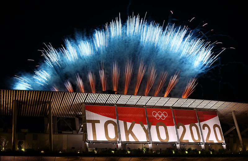 General view of fireworks above the stadium during the closing ceremony of Tokyo Olympics on 8 August 2021