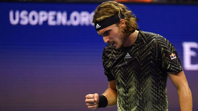 Greece's Stefanos Tsitsipas celebrates during his 2021 US Open Tennis tournament men's singles second round match against France's Adrian Mannarino at the USTA Billie Jean King National Tennis Center in New York, on 1 September, 2021