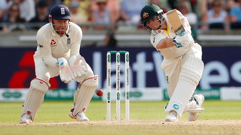 Australia's Steve Smith in action as England's Jonny Bairstow looks on in the first Ashes Test at Edgbaston, Birmingham, Britain on 3 August 2019