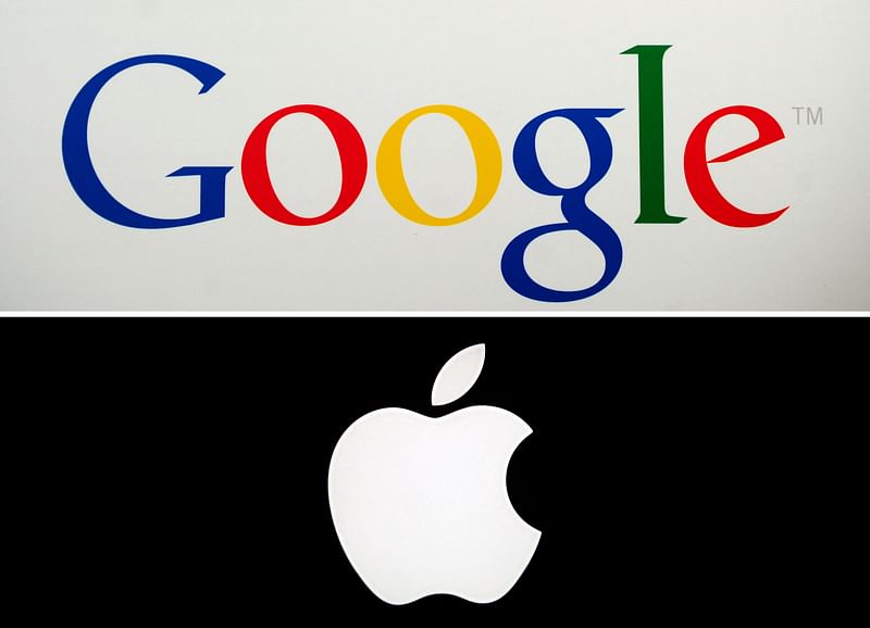 This file combination made on 17 May 2014 shows Google's logo (top) during a press announcement at the Google headquarters in New York on 21 May 2012, and Apple's logo in Paris on 27 January 2010