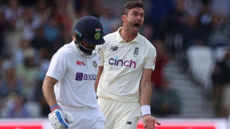 James Anderson celebrates taking the wicket of Virat Kohli