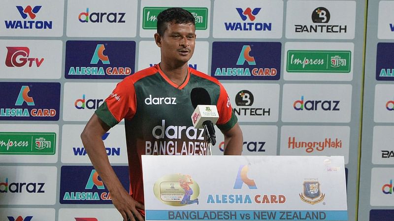 Bangladesh's Nasum Ahmed speaks to the media after being awarded 'Player of the Match' at the end of the fourth Twenty20 international cricket match between Bangladesh and New Zealand at the Sher-e-Bangla National Cricket Stadium in Dhaka on 8 September 2021.