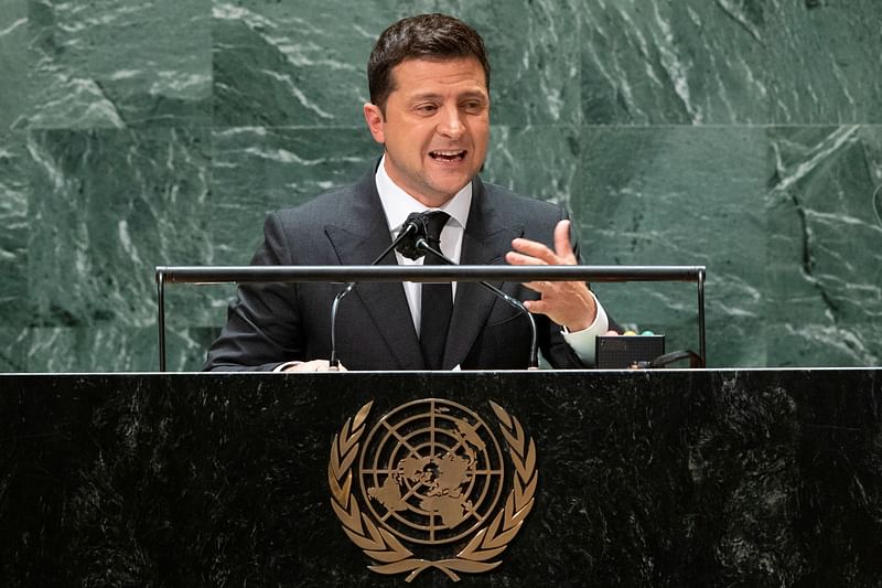 Ukraine's president Volodymyr Zelenskiy addresses the 76th Session of the UN General Assembly in New York City, US, on 22 September, 2021