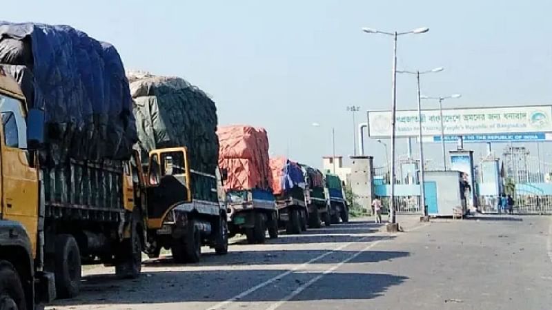 Goods-laden trucks wait in queue at the Benapole land port