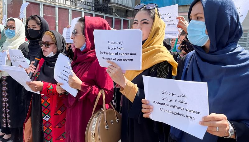 Afghan women's rights defenders and civil activists protest to call on the Taliban for the preservation of their achievements and education, in front of the presidential palace in Kabul, Afghanistan on 3 September 2021